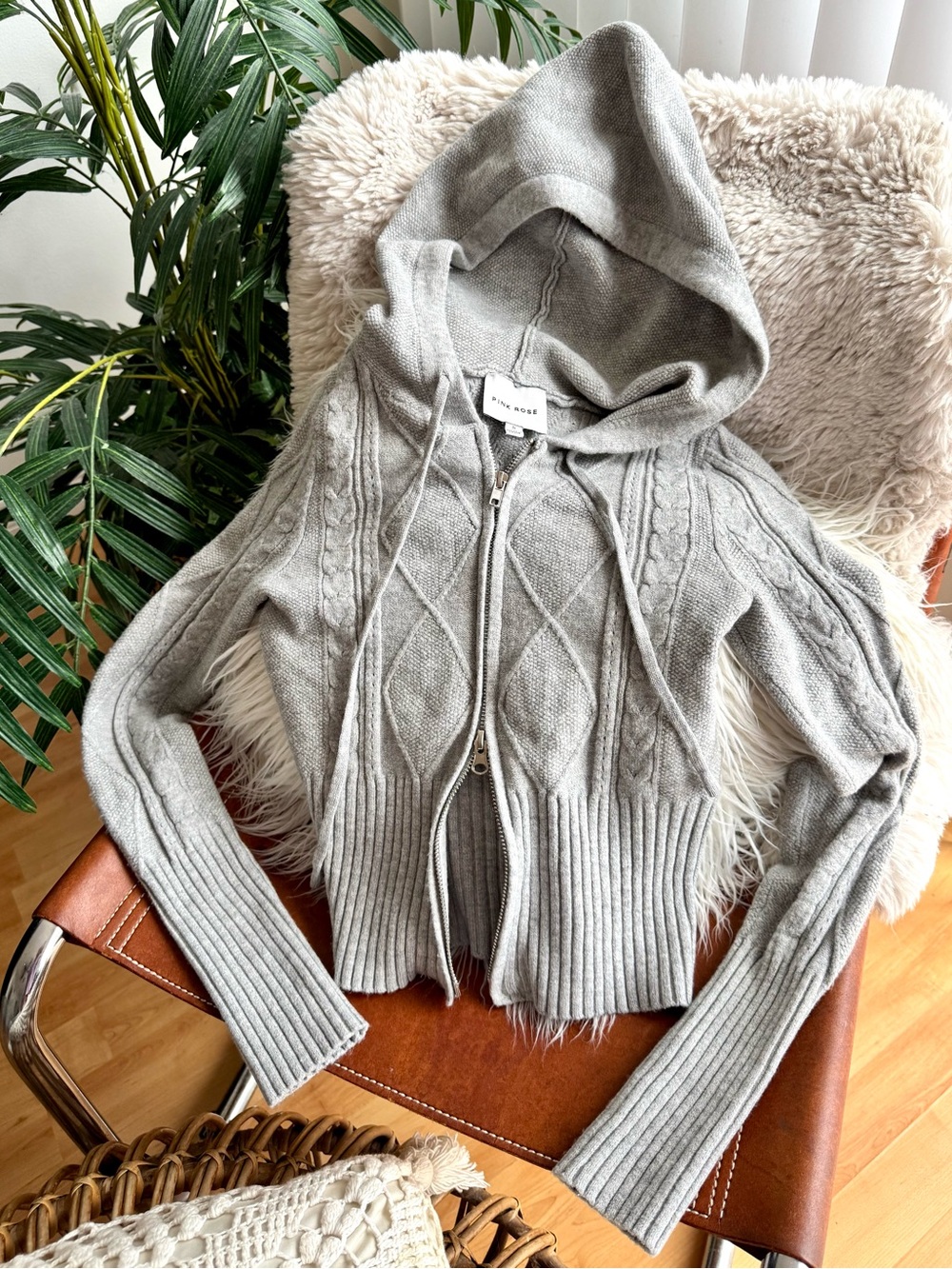 Pink Rose Light Gray Cable-Knit Hooded Zip Sweater